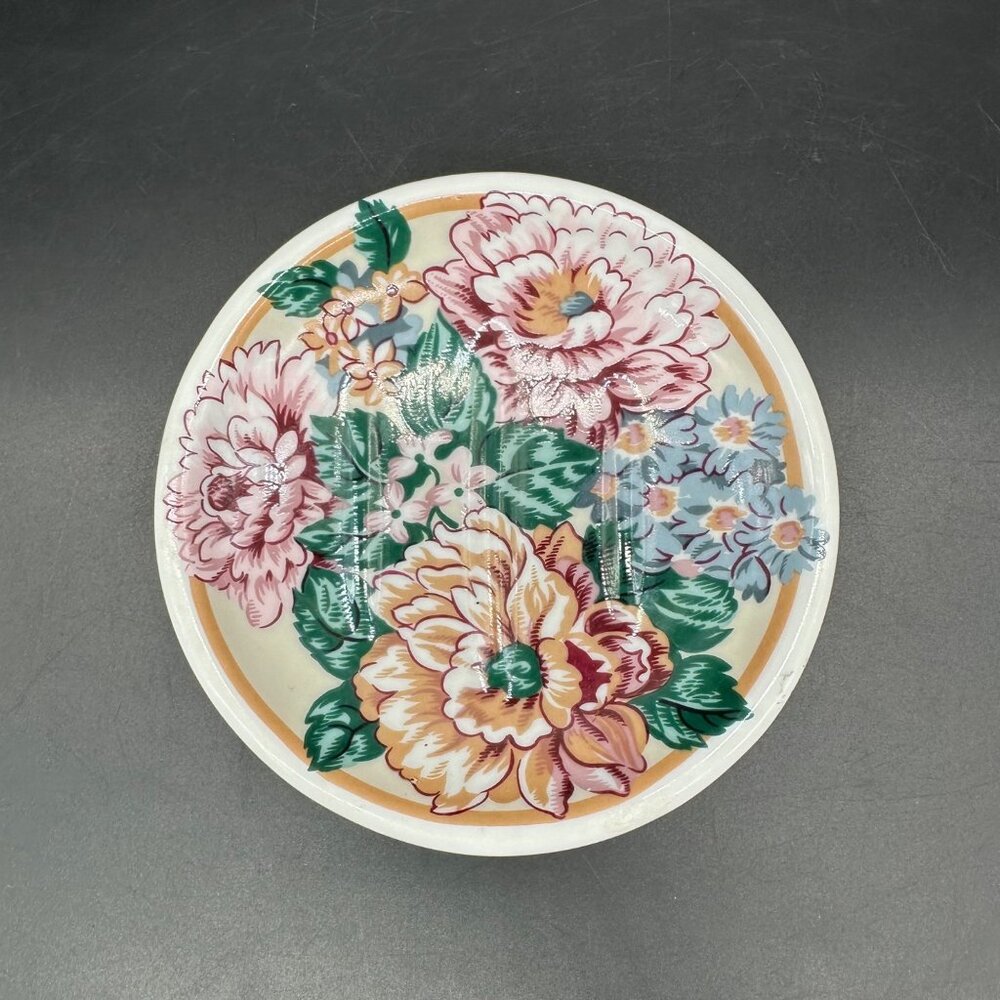 Vintage Soap Dish Floral Round Ceramic 1990s Flowers Bathroom Kitchen Decor - Picture 2 of 9